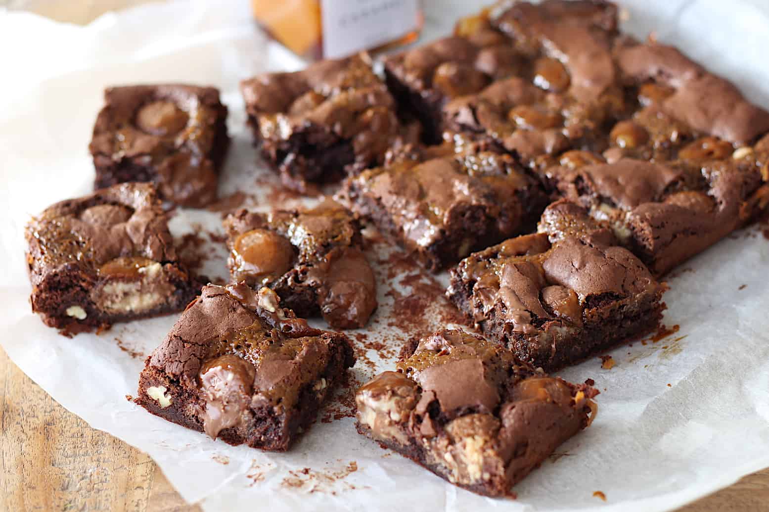 Brownies with Easter eggs and caramel